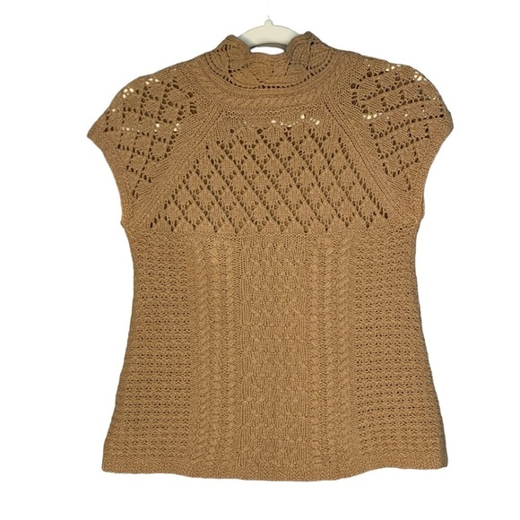 Sparrow tan sleeveless mock turtleneck cable knit vest sweater.‎ Size S - Picture 2 of 7